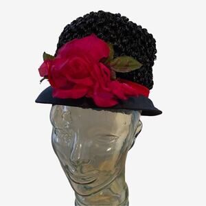 Floral Hat Cloche Black Red Band Woven Raffia Vintage 60s MidMod MCM
